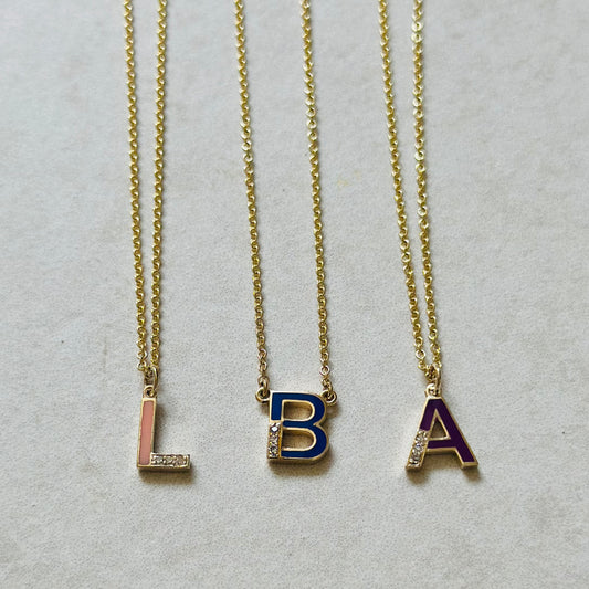 9k Gold Enamel and Diamond Initial Necklace
